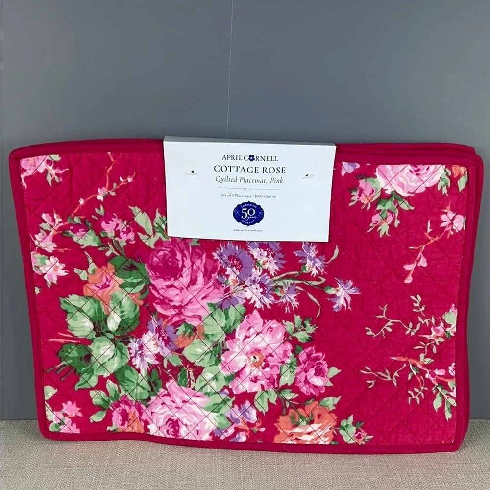 April Cornell Cottage Rose Quilted Placemats Cottage Rose Pink Cotton NEW